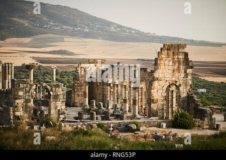 The Basilica at Volubilis is a partly excavated Berber and Roman city in Morocco near the city of Meknes, and considered the kingdom of Mauretania. Stock Photo