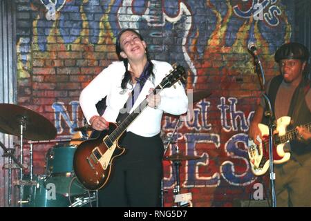 Chicago-based blues singer, songwriter and guitarist, Joanna Connor is shown performing on stage during a 'live' concert appearance. Stock Photo