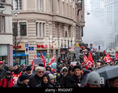 STRASBOURG, FRANCE - MAR 22, 2018: CGT General Confederation of Labour workers with placard at demonstration protest against Macron French government string of reforms - Stock Photo