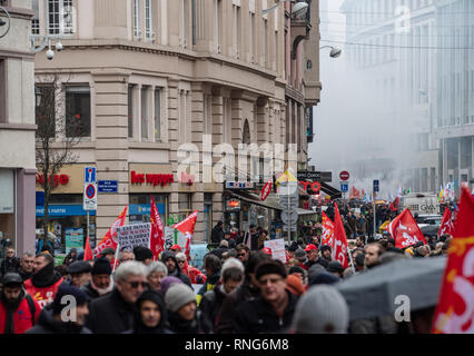 STRASBOURG, FRANCE - MAR 22, 2018: CGT General Confederation of Labour workers with placard at demonstration protest against Macron French government string of reforms - Stock Photo
