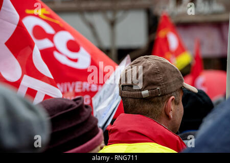 STRASBOURG, FRANCE - MAR 22, 2018: CGT General Confederation of Labour workers with placard at demonstration protest against Macron French government string of reforms Stock Photo