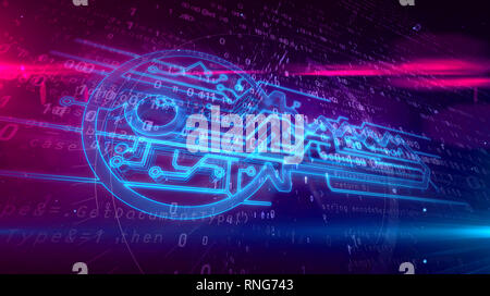 Data encryption, cyber protection and digital key sign on dynamic binary background. Computer security technology abstract concept 3D illustration. Stock Photo