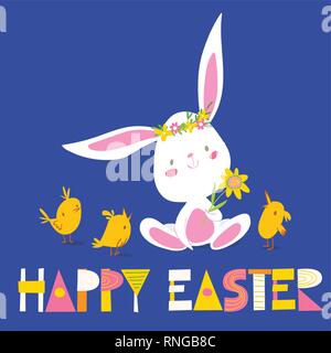 Vector spring easter card with rabbit and chickens Stock Vector