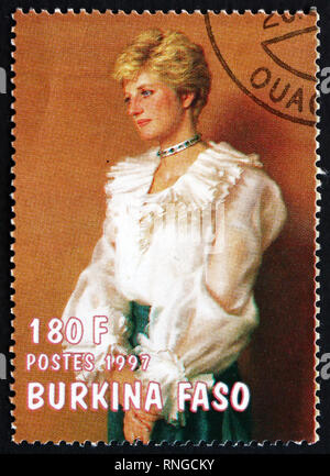 BURKINA FASO - CIRCA 1997: a stamp printed in Burkina Faso shows Diana, Princess of Wales, Portrait, circa 1997 Stock Photo