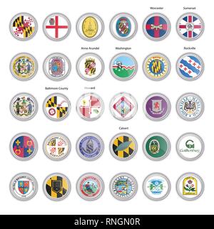 Set of vector icons. Flags and seals of Maryland state, USA. 3D illustration. Stock Vector