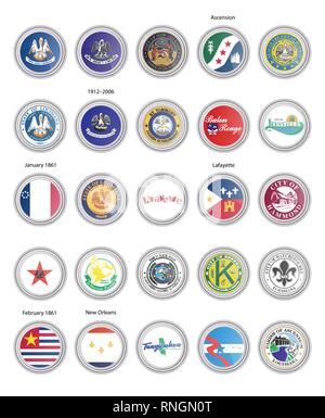 Set of vector icons. Flags and seals of Louisiana state, USA. 3D illustration. Stock Vector