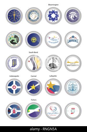 Set of vector icons. Flags and seals of Indiana state, USA. 3D illustration. Stock Vector