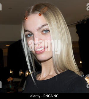 New York, NY, USA - February 8, 2019: Daphne Groeneveld prepares backstage for the  Cushnie Fall/Winter 2019 collection during New York Fashion at Spr Stock Photo