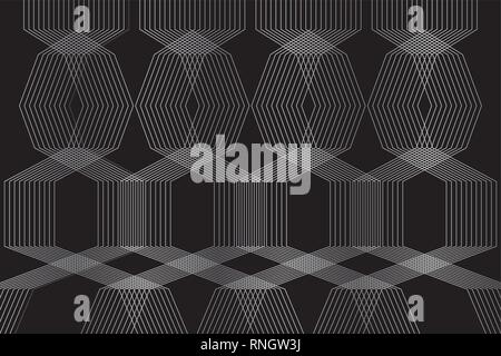 Abstract background pattern made with repeated lines forming geometric shapes in black and silver colors. Optical, modern vector art. Stock Vector
