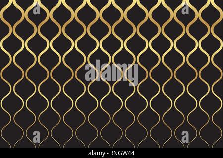 Seamless, abstract background pattern made with curvy gold colored lines forming retro geometric shapes. Luxurious, decorative vector art. Stock Vector