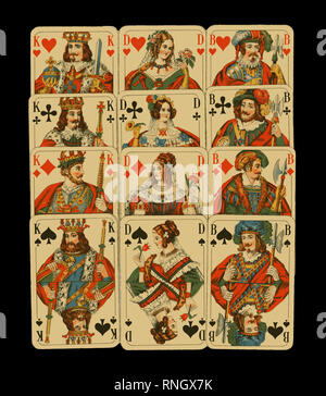 Vintage German Picture Playing Cards probably dating from the inter-war years. Made by Altenburger und Stralsunder Spielkarten-Fabriken A.-G it is shown isolated on a black background. Stock Photo