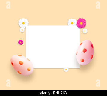 Pink easter eggs and flowers. Background with easter eggs Stock Photo