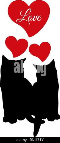 Cat love couple black silhouette and read hearts. Vector illustration. Stock Vector