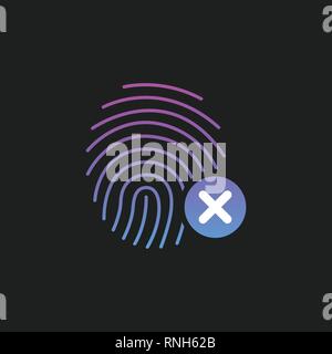 fingerprint icon with cross sign. concept of unlocking the phone with forefinger or incorrect choice and login. Vector illustration isolated on black  Stock Vector