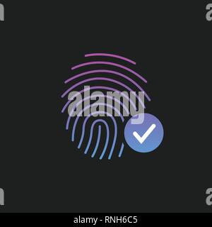 Fingerprint Success Icon, thumbprint with checkmark. vector illustration isolated on black Stock Vector