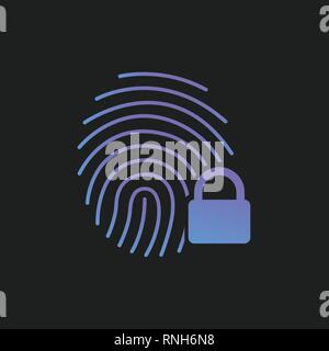 Fingerprint icon with lock sign. Concept of personal data protection. App security. Flat vector icon. Vector illustration isolated on black Stock Vector
