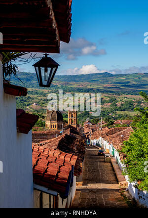 View towards La Inmaculada Concepcion Cathedral, Barichara, Santander Department, Colombia Stock Photo