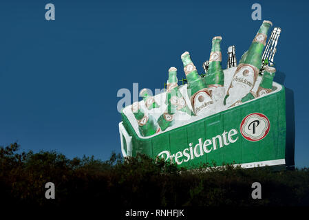 Punta Cana, Dominican Republic - February 7, 2019: Billboard for Presidente the popular beer brewed in the Dominican Republic and exported to several  Stock Photo