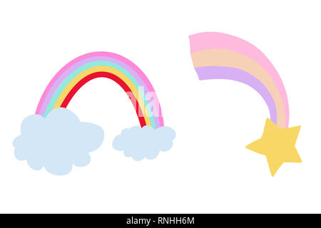 Colorful rainbow and clouds hand drawn watercolor and crayon children's ...