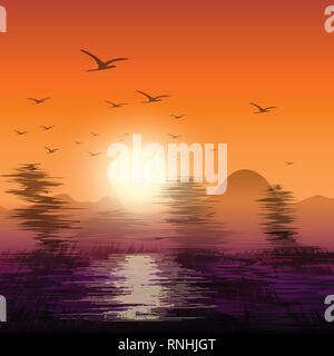 Abstract twilight of nature with flock of birds flying back nest. Stock Vector