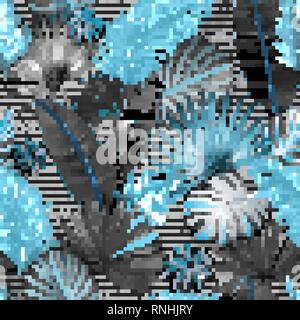 Seamless tropical pattern. Leaves palm tree illustration. Blue, gray, black lives Stock Vector