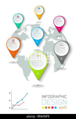 Seven circles with business icon infographics on world map background. Stock Vector