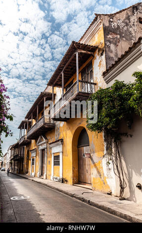 Row of Spanish colonial style two storey houses with balconies, Cartagena de Indias, Colombia. Stock Photo