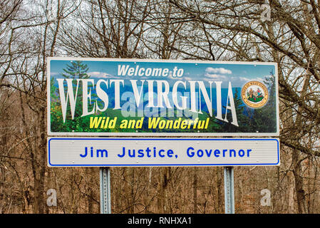 State of West Virginia Welcome Sign Located at a Welcome Center in a Rest Area. Stock Photo