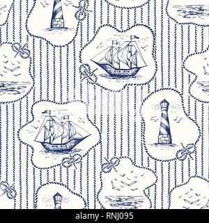 Vintage Hand-Drawn Rope Framesand Stripes Toile De Jouy Vector Seamless Pattern with Lighthouse, Seagulls Scenery and Ships. Nautical Knots. Monochrom Stock Vector