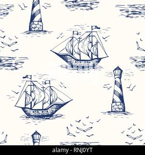 Vintage Hand-Drawn Nautical Toile De Jouy Vector Seamless Pattern with Lighthouse, Seagulls, Seaside Scenery and Ships. Monochrome Blue Marine Backgro Stock Vector