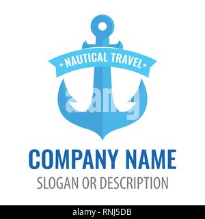 Badge for nautical travel company with anchor in blue color. Vector logotype illustration in shape of blazon with caption, title and slogan. Stock Vector
