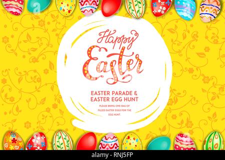 Easter eggs on a multicolor background. Easter holiday backdrop for design card, banner, ticket, leaflet, poster and so on. Happy Easter poster. Stock Vector