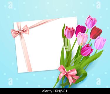 Realistic vector colorful tulips background. Spring flowers and holiday card with place for text. Stock Vector
