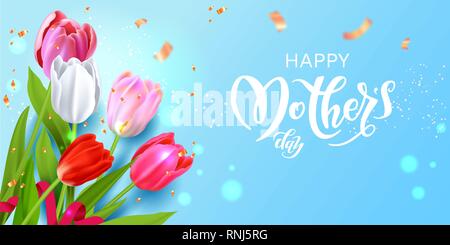 Realistic vector colorful tulips background. Spring flowers blue card. Happy Mothers day festive lettering. Stock Vector