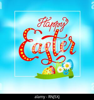 Easter eggs on a grass. Holiday design element isolated for card, banner, ticket, leaflet, poster and so on. Happy Easter lettering. Stock Vector