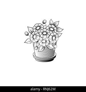 White background with black outline flower in pot Stock Vector