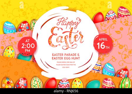 Easter eggs on a multicolor background. Easter holiday backdrop for design card, banner, ticket, leaflet, poster and so on. Happy Easter poster. Stock Vector
