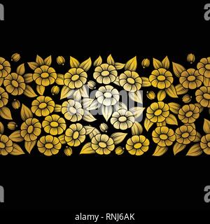 Seamless gold floral patten isolated on bblack background Stock Vector