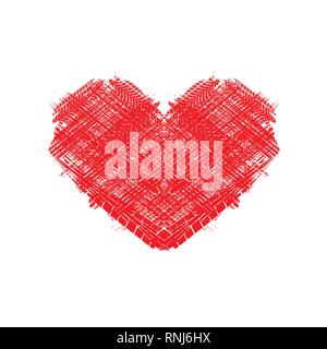 Red heart shape with tire track silhouettes isolated on white background Stock Vector
