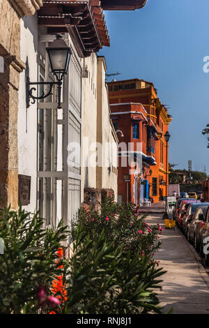 Row of historic houses in Cartagena de Indias, Colombia. Stock Photo