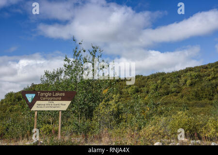 Tangle Lakes Campground Sign on the Denali Highway, Alaska, USA Stock Photo