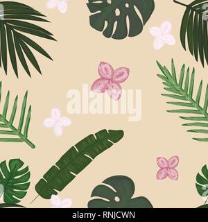 Abstract Seamless Pattern Wallpaper of Tropical Green Leaves of Palm Trees and Flowers on Light Yellow Background Vector Background Stock Vector