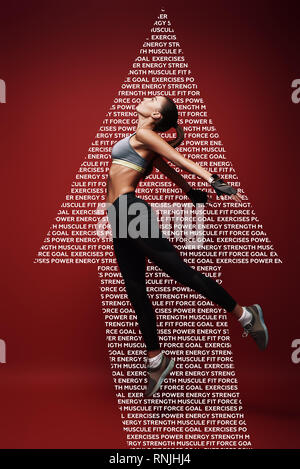 Full length portrait of a healthy muscular sportswoman jumping  over red background. Dynamic movement. Side view Stock Photo