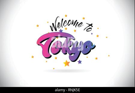 Tokyo Welcome To Word Text with Purple Pink Handwritten Font and Yellow Stars Shape Design Vector Illusration. Stock Vector