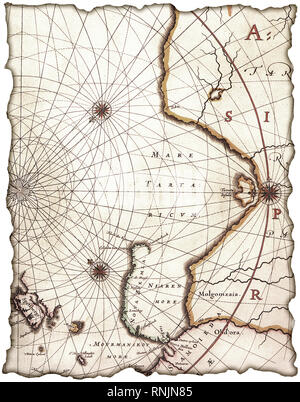 Yellowed and stained piece of old map on a white background, isolated Stock Photo