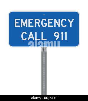 Vector illustration of the Emergency Call 911 blue road sign Stock Vector