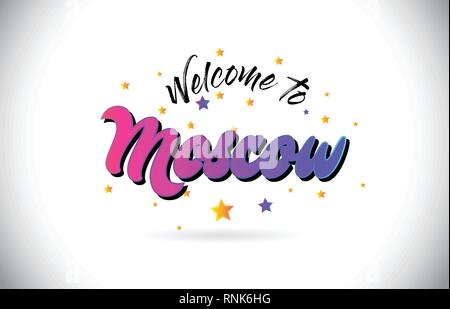 Moscow Welcome To Word Text with Purple Pink Handwritten Font and Yellow Stars Shape Design Vector Illusration. Stock Vector