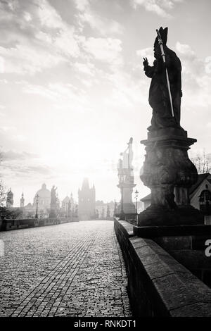 Black and white photo of Charles Bridge in Prague, Czech Republic Stock Photo
