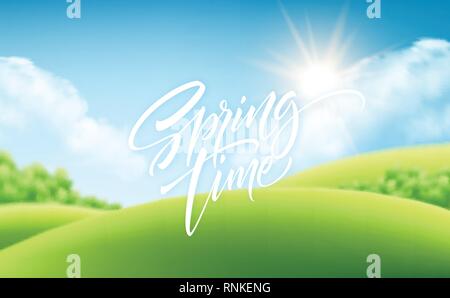 Spring time green grass landscape background with handwriting lettering. Vector illustration EPS10 Stock Vector