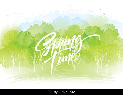 Watercolor landscape background with Spring time lettering. Vector illustration Stock Vector